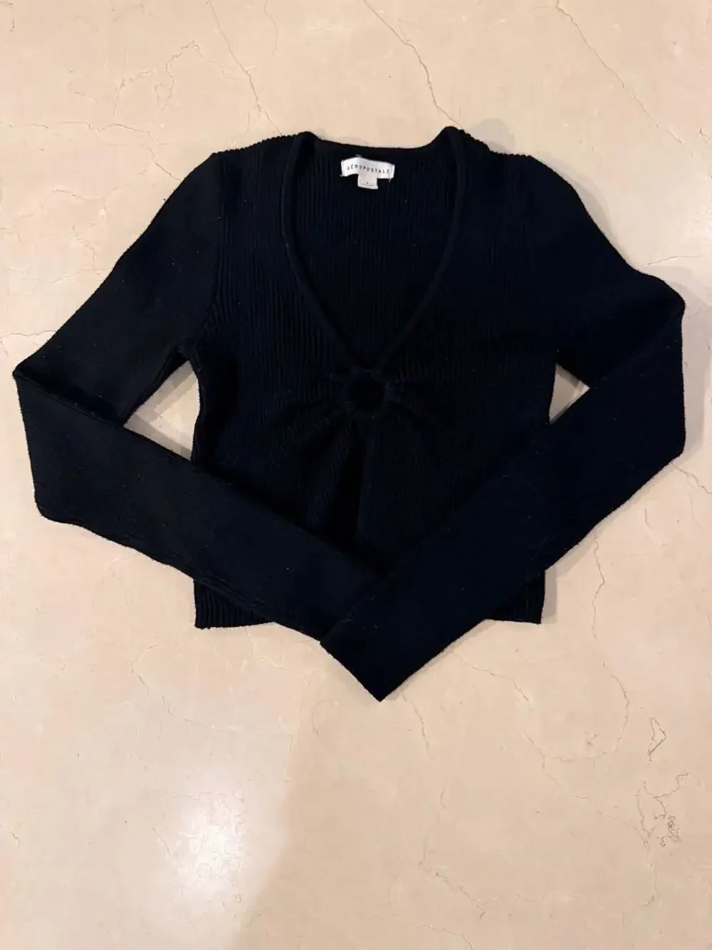 Aéropostale Ribbed Knit Long Sleeve Ring-Front Cropped Sweater